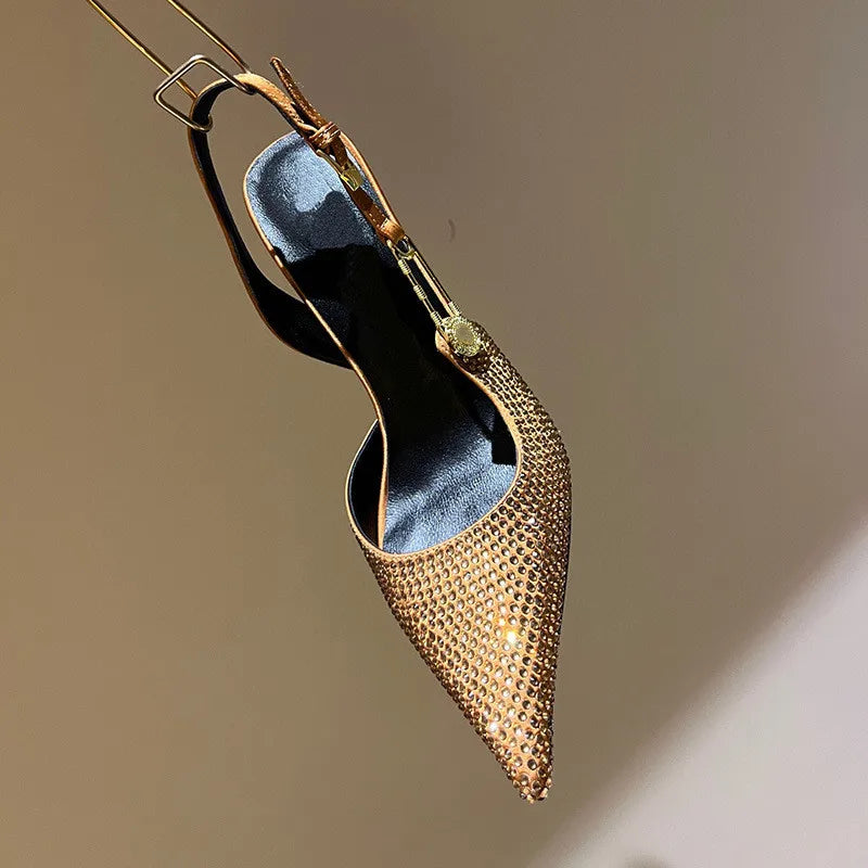 Elegant Rhinestone Pointed Toe Slingback Heels